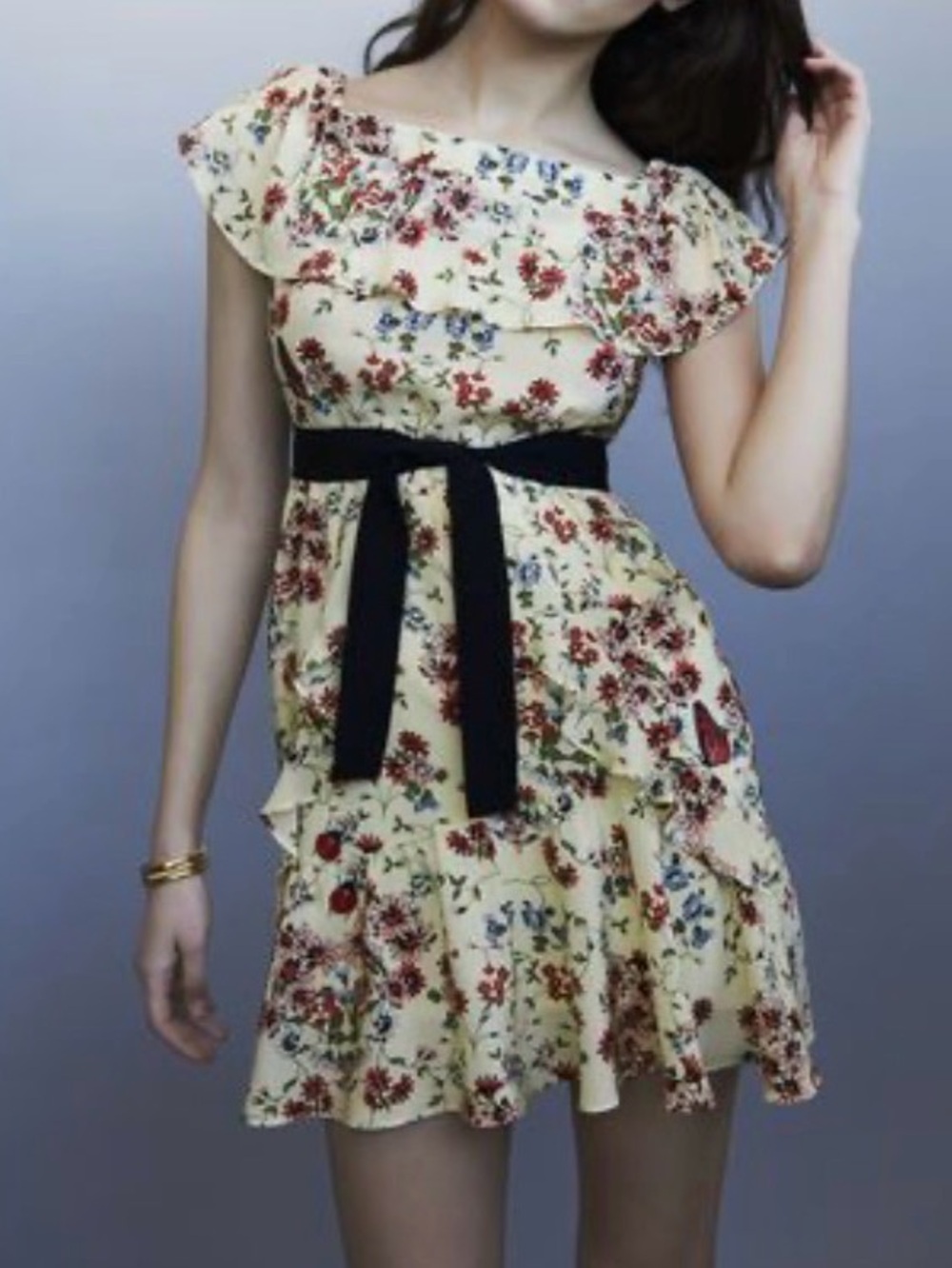 Maje Rinora Silk Botanical Floral Off-Shoulder Ruffle Belted Mini Dress Size M 2
